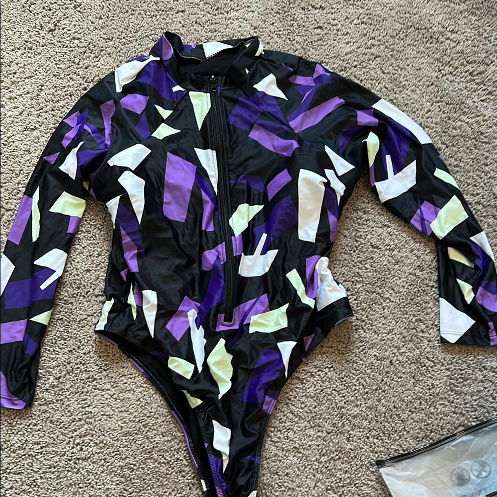 SHEIN Black and Purple Geometric One Piece Swimsuit